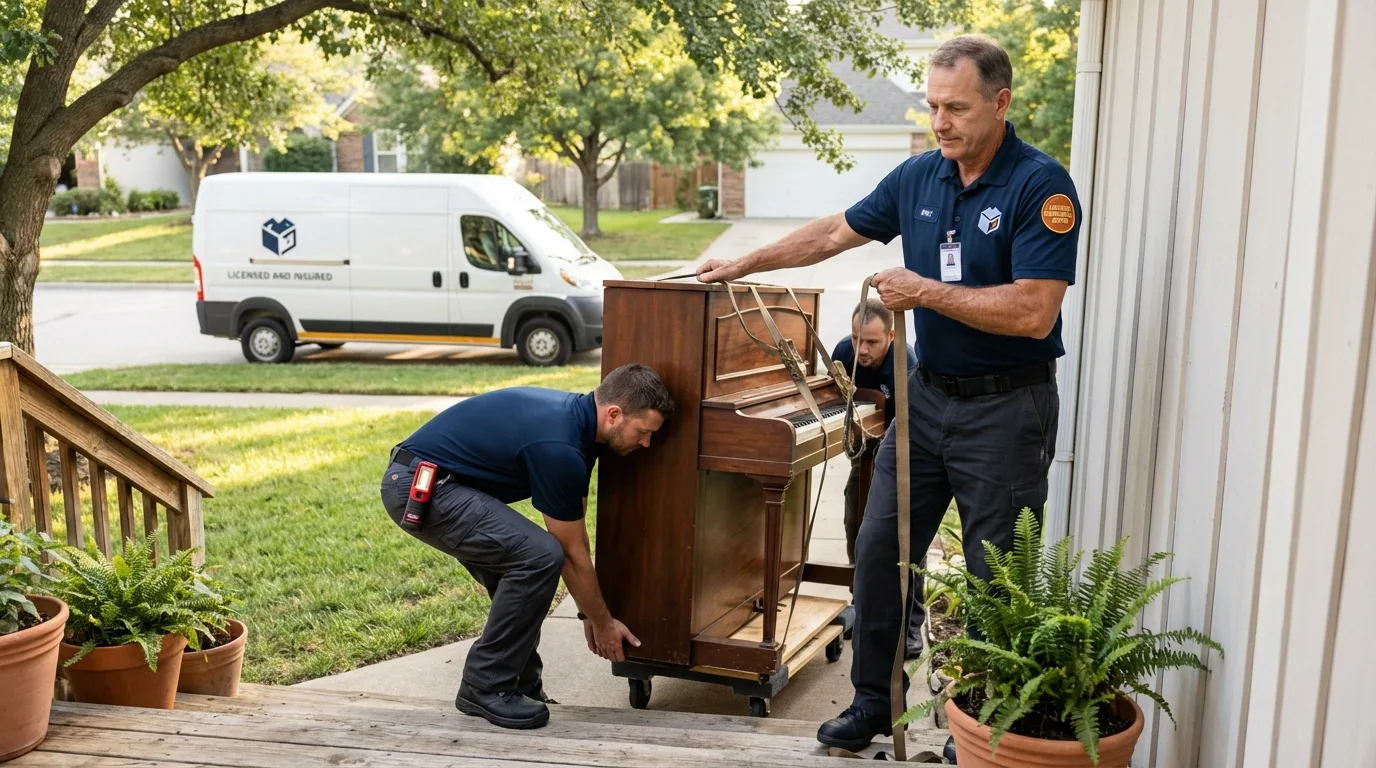Licensed piano movers securing grand piano in Florala, AL