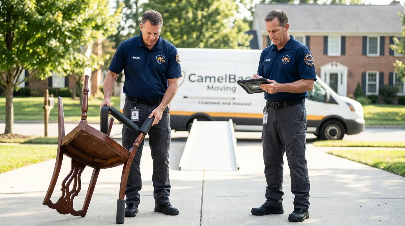 Movers inspecting furniture for damage prevention before loading in Florala, AL