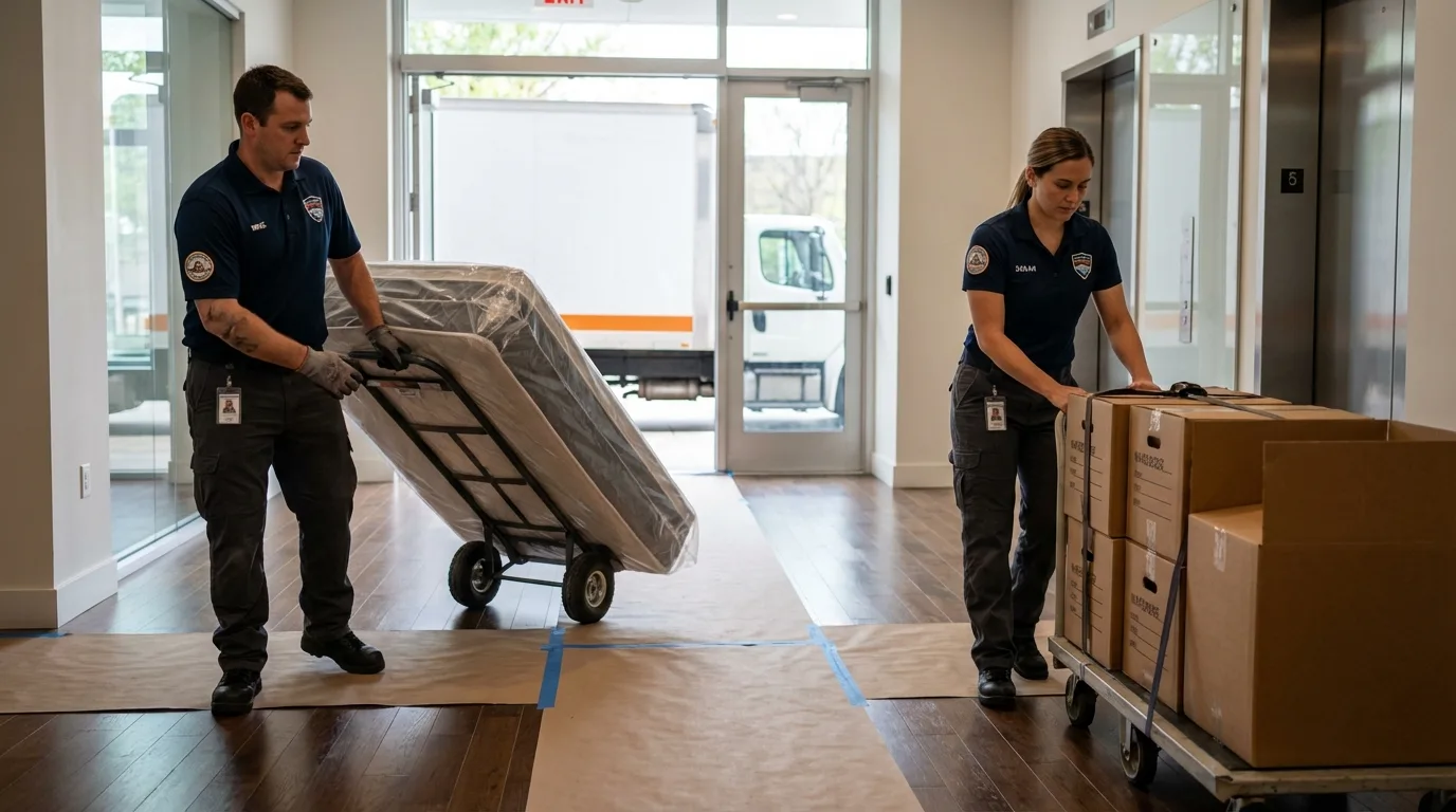 Professional apartment movers loading elevator in Florala, AL